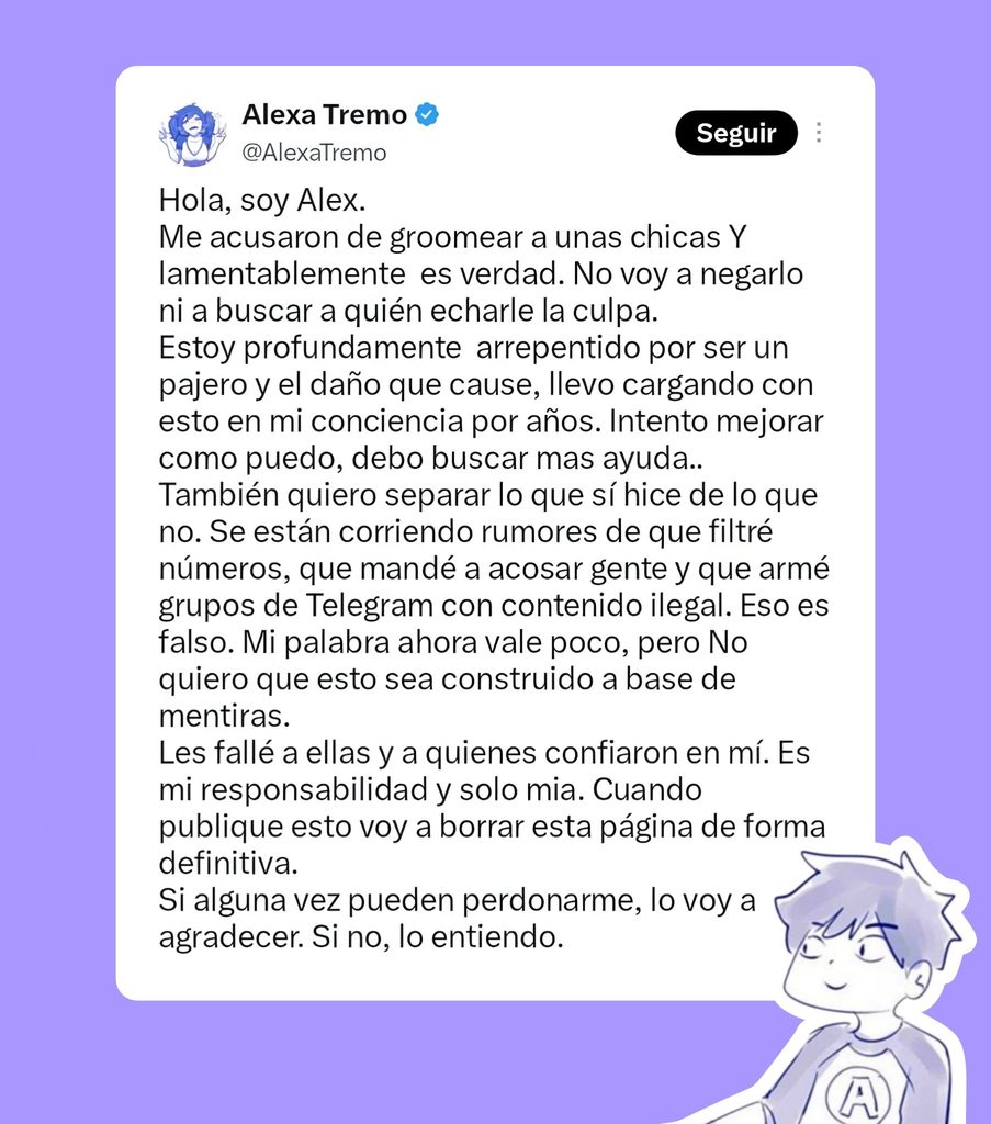 Ilustrador argentino Alexa Tremo admite acusaciones de grooming y anuncia que dejará las redes sociales
