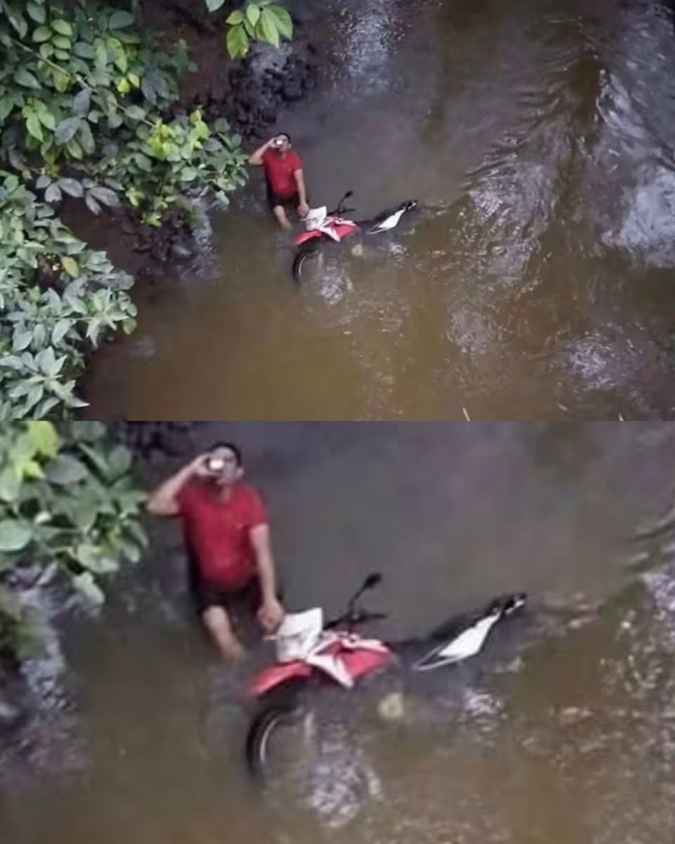 Motociclista cae a un río y termina tomándose una bebida como si nada